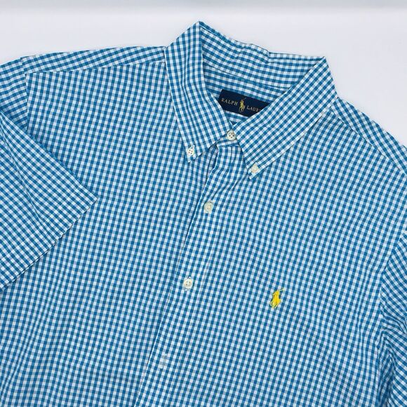 Ralph Lauren Shirt Teal White Gingham Short Sleeve Button Down Yellow Pony XL - Picture 1 of 7